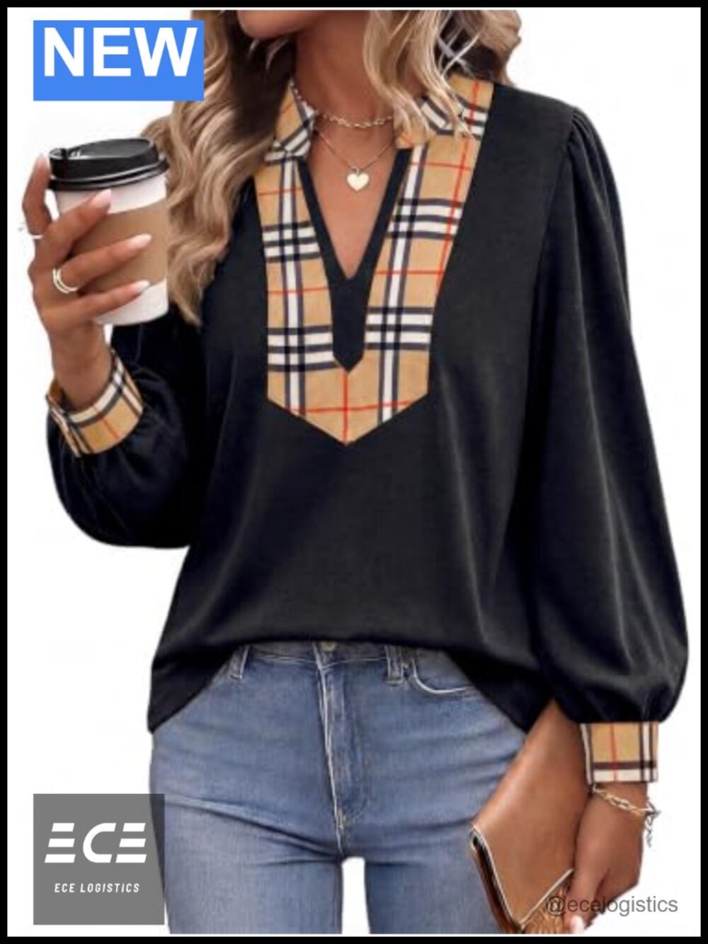 Puff Long Sleeve Plaid V Neck Blouse Casual Dressy Knit Top